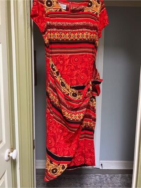Jessica Howard Red Multi-Pattern Wrap Maxi Dress